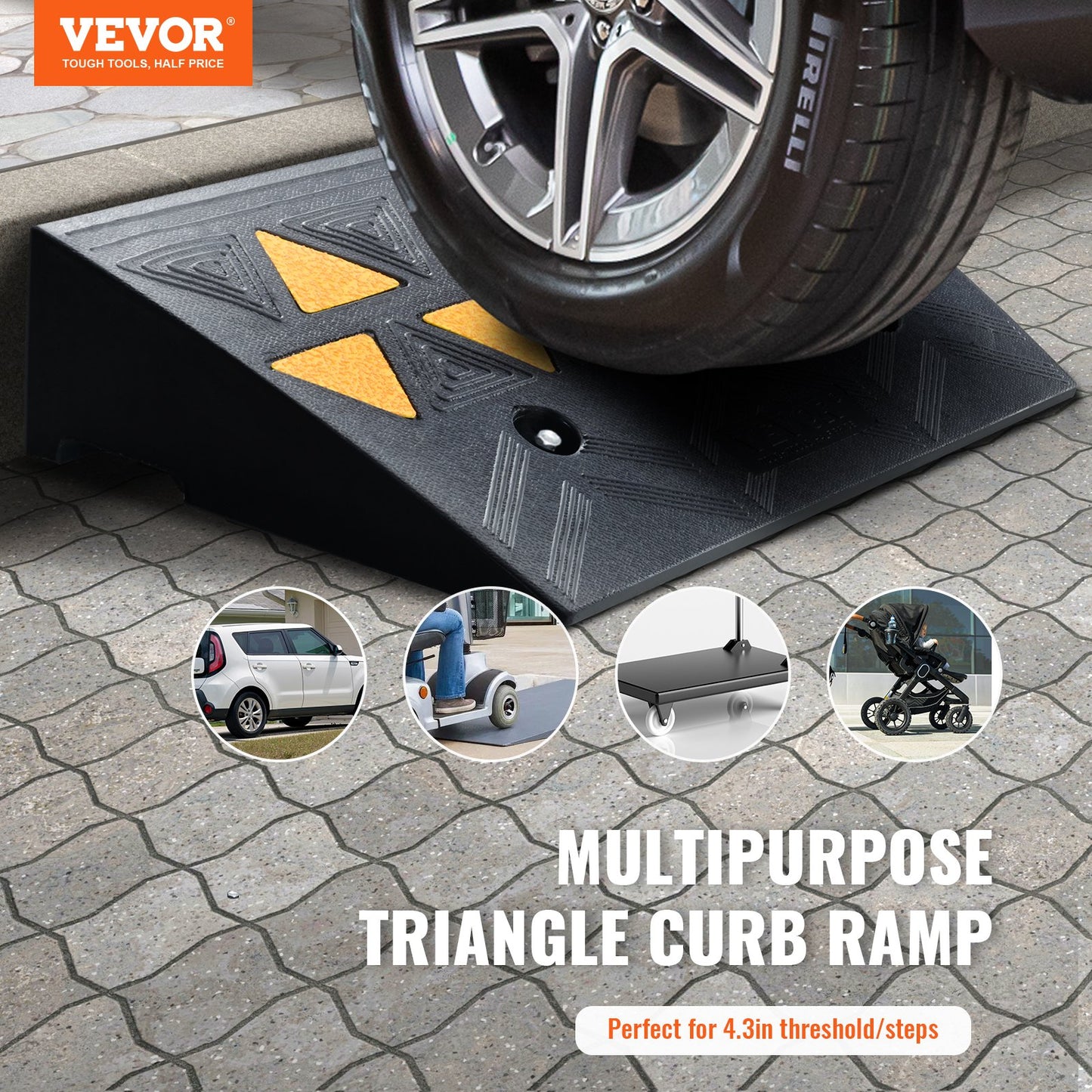 Rubber Curb Ramp 2 Pack, 4.3' Rise Height Heavy-Duty 33069 Lbs/15 T Capacity Threshold Ramps, Driveway Ramps With Stable Grid Structure For Cars, Wheelchairs, Bikes, Motorcycles