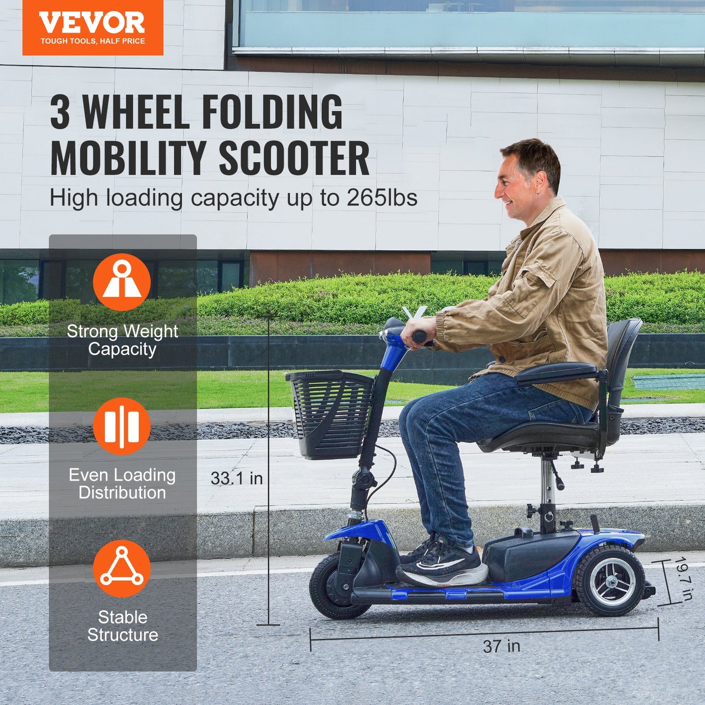 3-Wheel Folding Mobility Scooter For Seniors 12 Mile Range 265LBS Capacity