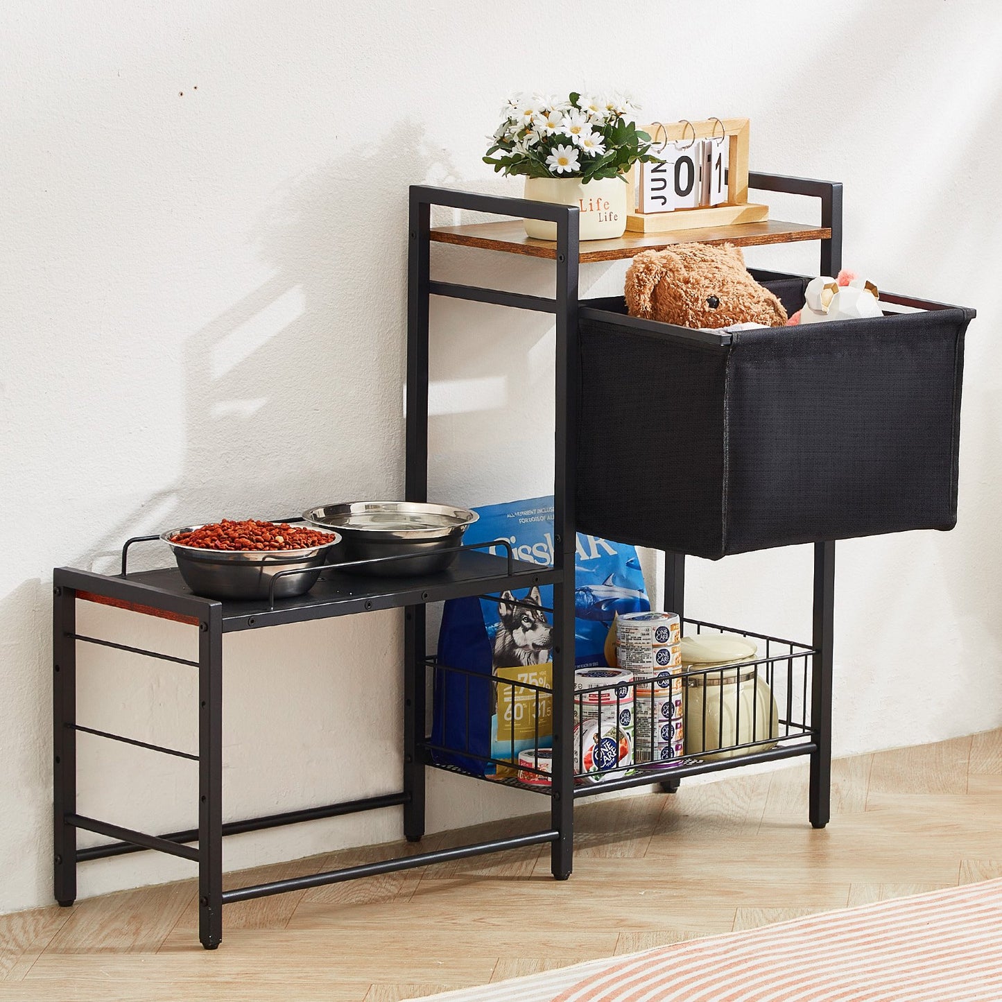 Pet Feeding Station With Storage Dog Food & Toy Organizer Raised Dog Bowls