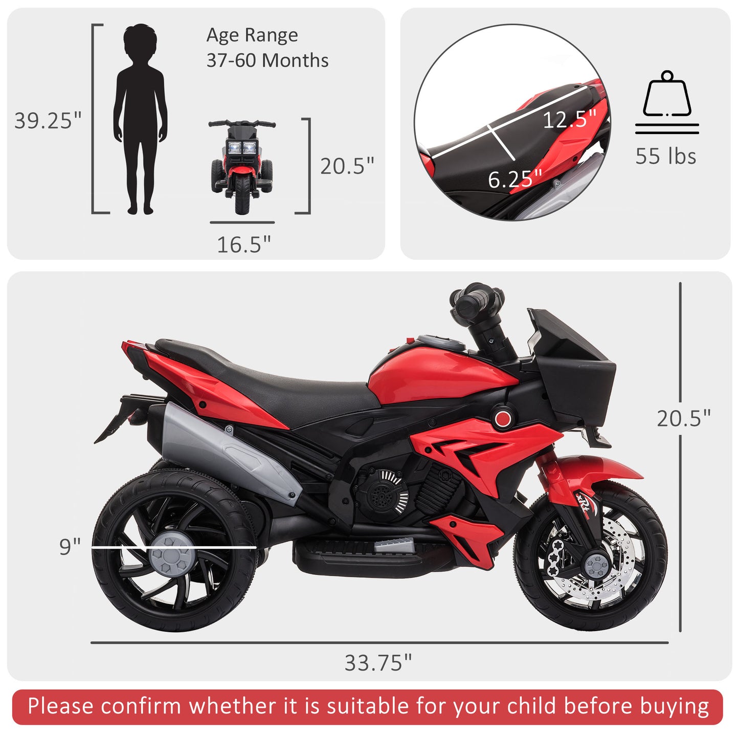Red 6V Kids Electric Motorcycle Ride-On Dirt Bike Toy With Music Horn Headlights