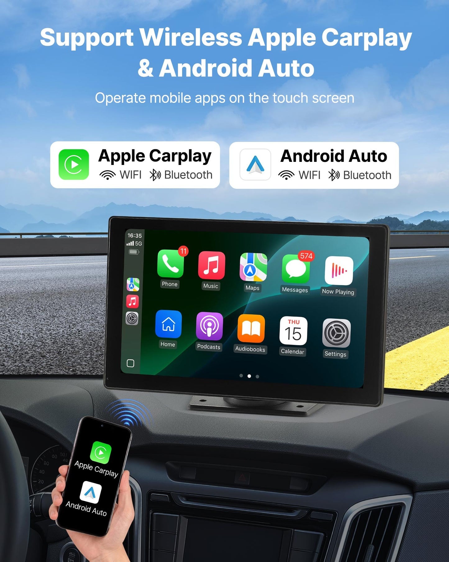Wireless Car Stereo, 9-Inch HD Portable Radio Touch Screen With Apple CarPlay And Android Auto, CarPlay Screen With Front & Backup Cameras, Voice Control, Mirror Link, Bluetooth, GPS Navigation