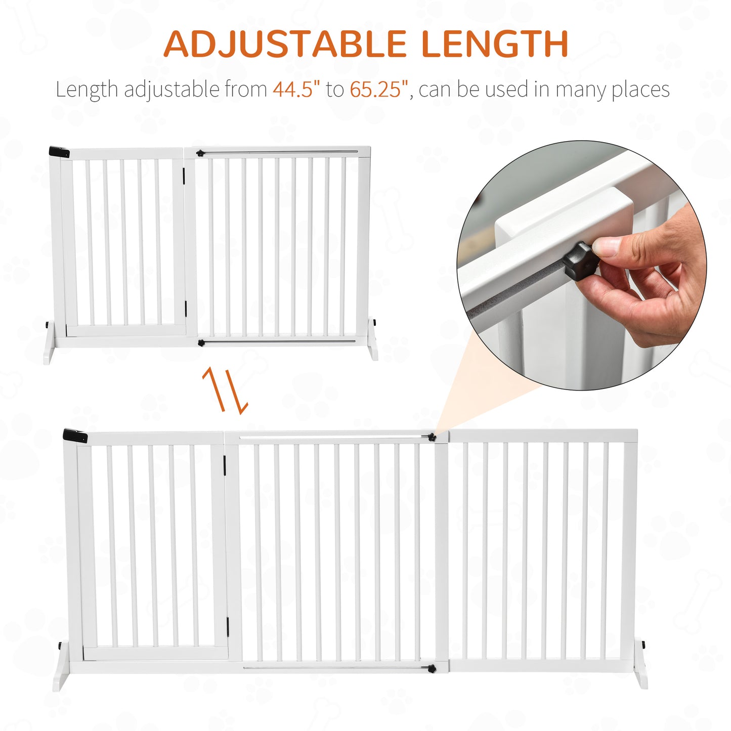Freestanding Length Adjustable Wooden Pet Gate With Lockable Door 3 Panels, White