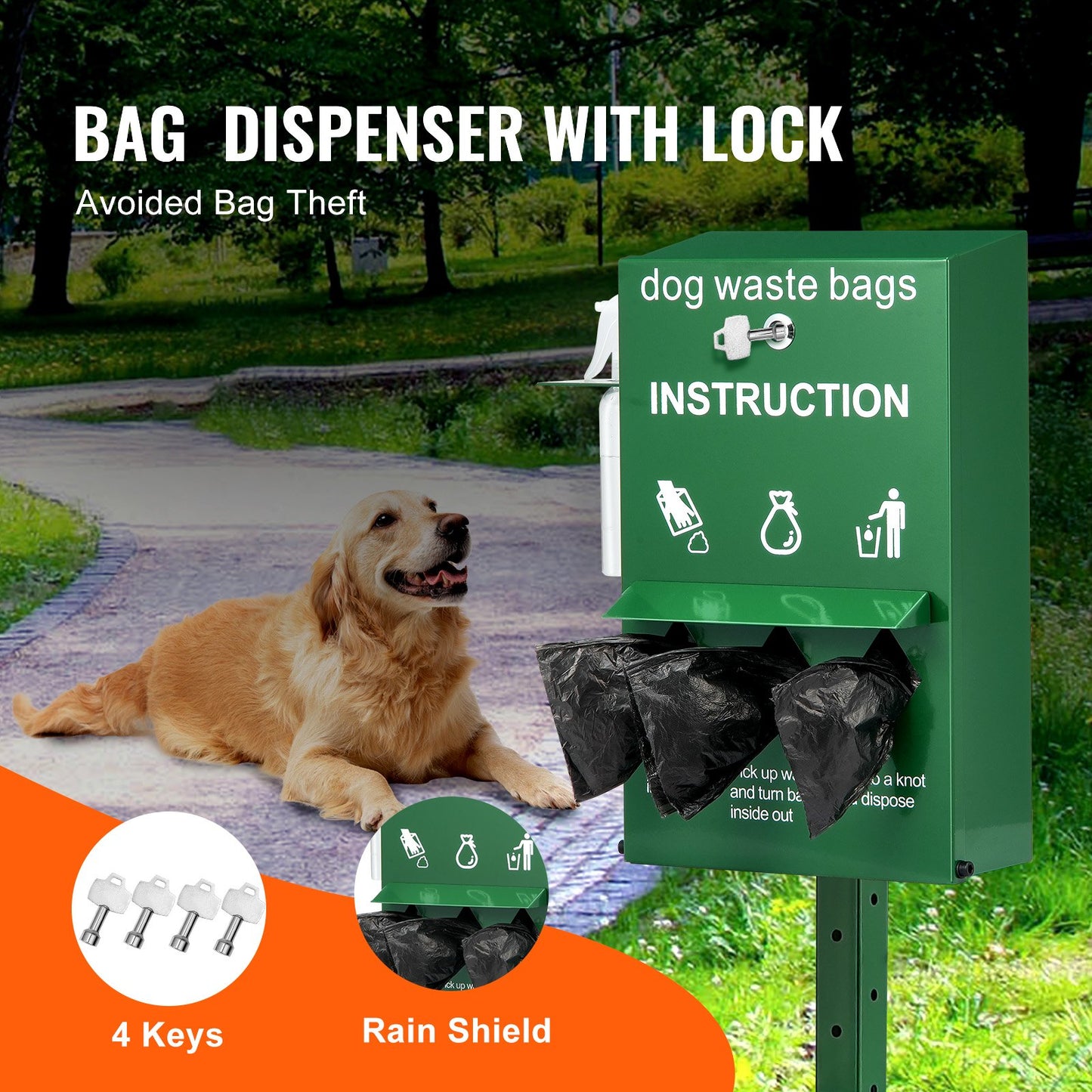 Dog Poop Bag Dispenser With Hand Wash Bottle, Lockable Outdoor Dog Waste Bag Holder With 600 Waste Bags, Stake, Pole, Fence & Wall Mounted Dog Poop Bag Storage, Pet Waste Station For Porch, Lawn