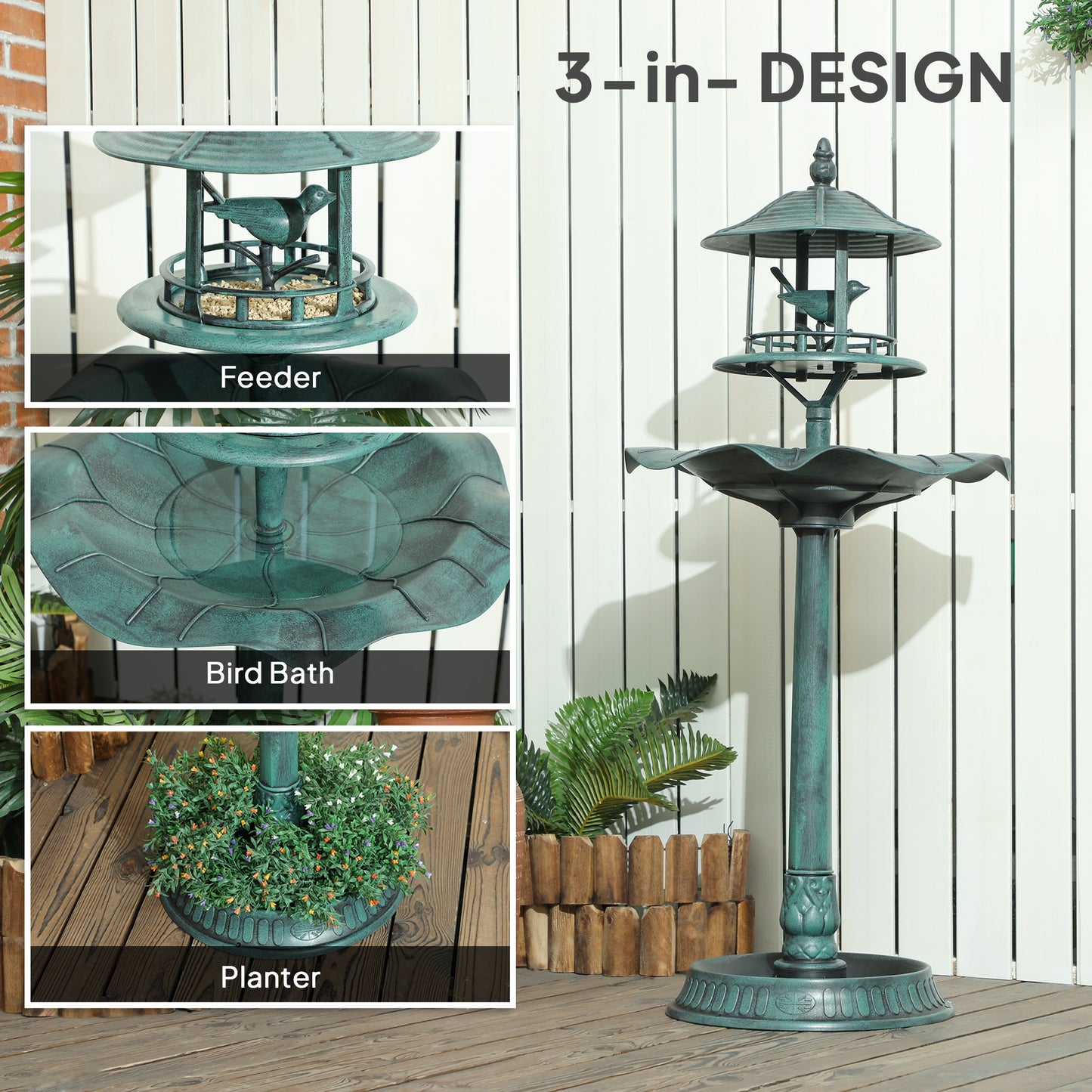 3-in-1 Garden Bird Bath Bowl Pedestal With Bird Feeder, Large Water Basin, Underneath Flower Planter, Green