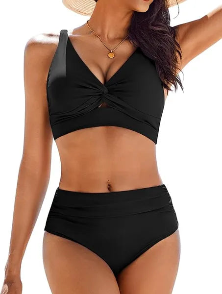 Bikini Set For Women Ruched High Waisted Two Piece Swimsuit Twist Front Cut Out Adjustable Straps Bathing Suit