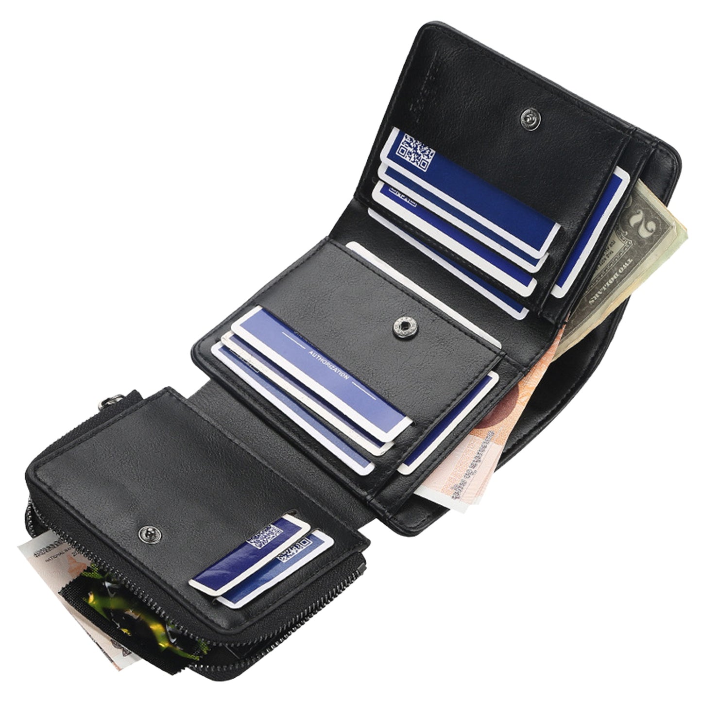 1Pc Men Leather Wallet ID Card Holder Purse Trifold Clutch Money Zipper With ID Window 14 Credit Card 1 ID Card