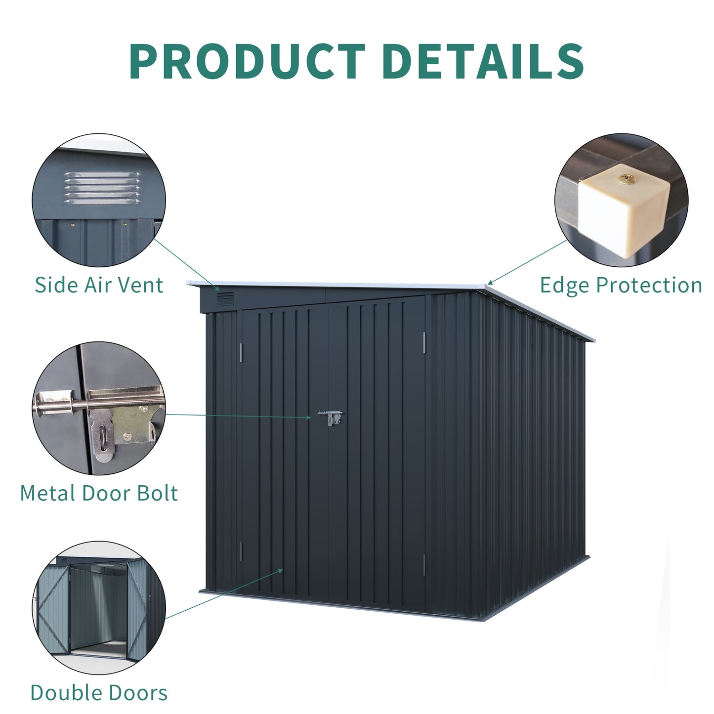 6x8FT Galvanized Steel Outdoor Storage Shed With Lockable Double Doors, Metal Lean To Shed With Free PC Light Board For Tools, Bikes & Patio  Without Floors