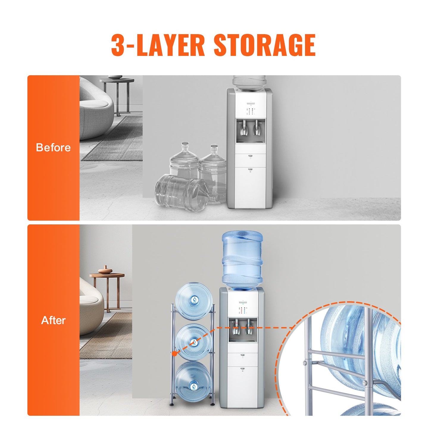 3 Tiers Water Jug Holder, 5 Gallon Water Bottle Holder, Single Row Water Bottle Rack For 3 Bottles, Heavy Duty Water Jug Rack For Kitchen, Office, Living Room, Silver