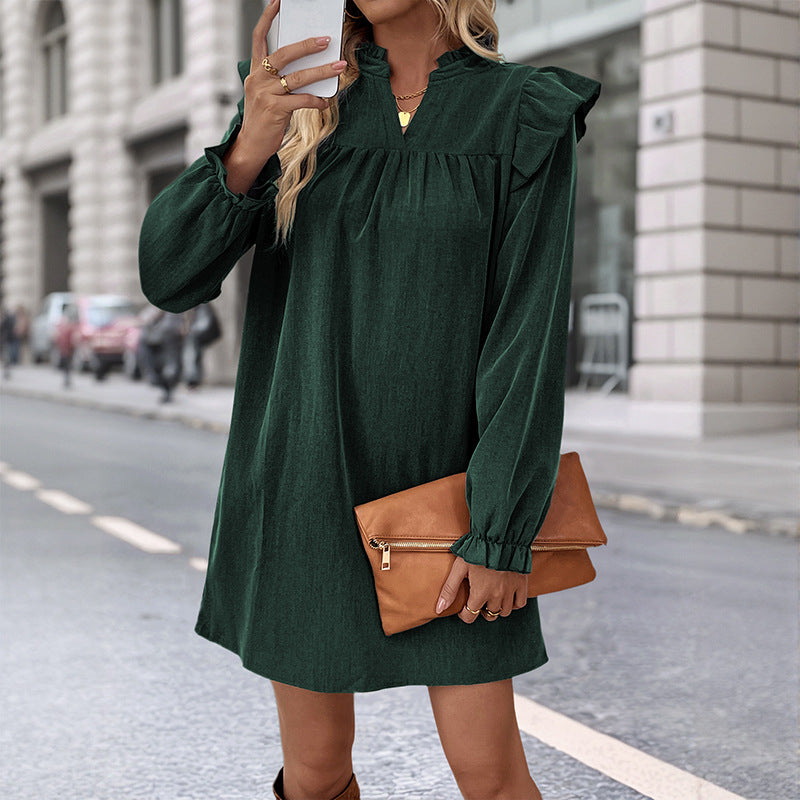 Pure Color Ruffles Long Sleeve Loose Lapel Dress Women