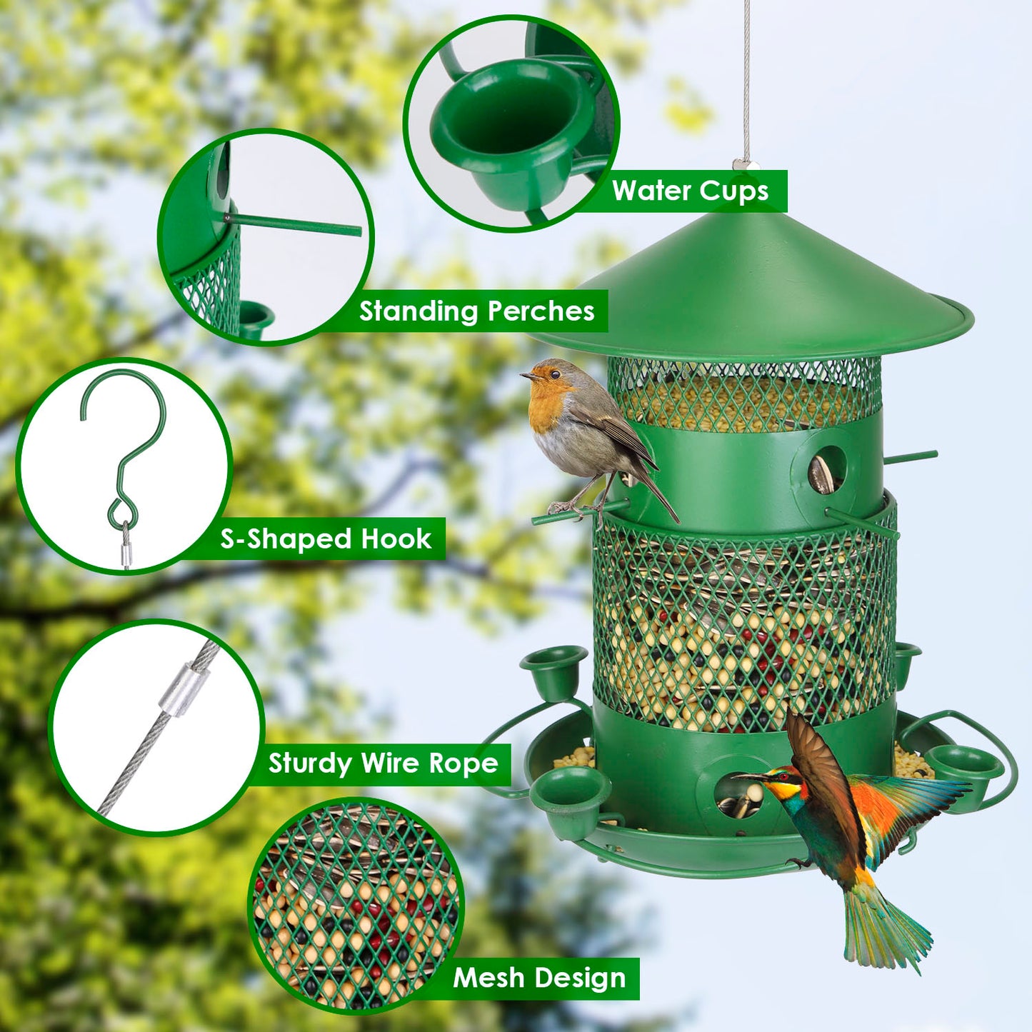 1Pc Wild Bird Feeder Squirrel-Proof Chew-Proof Metal Bird Seed Feeder Outdoor Hanging Bird Feeder With 360 Degree Circular Perches Water Cups For Yard Garden Patio Spring Summer