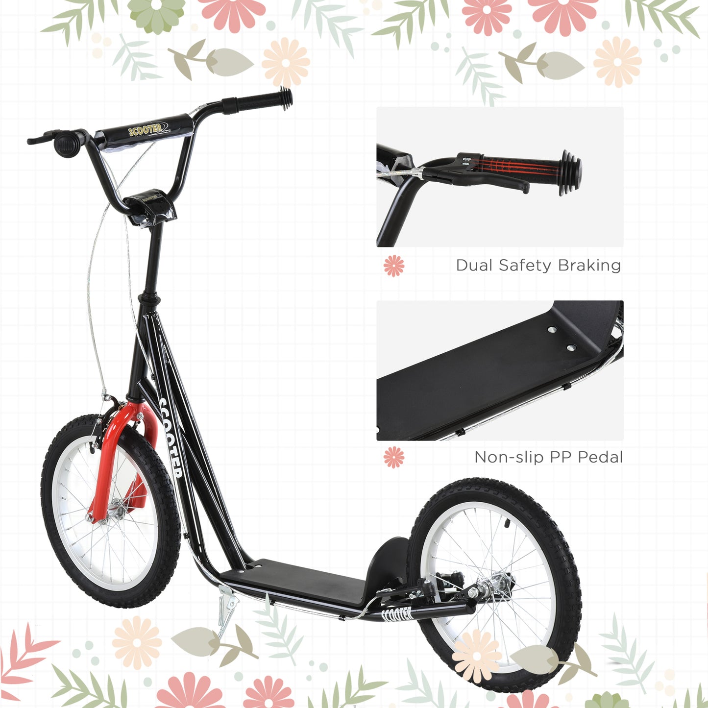 Youth Scooter Kick Scooter for Kids 5+, Max Load 220 LBS., with Adjustable Handlebar, 16" Inflatable Wheels, Dual Brakes, Black