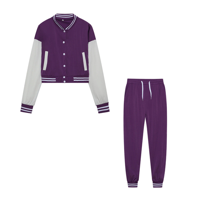 Stitching Jacket Single-breasted Baseball Set Wear Sports Two-piece Women's Clothing