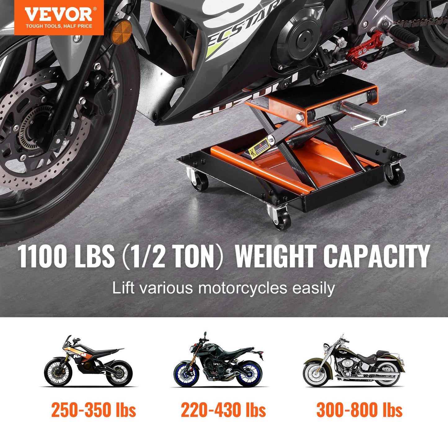 Motorcycle Lift, 1100 LBS Motorcycle Lift ATV Scissor Lift Jack With Dolly & Hand Crank, Center Hoist Crank Stand With Wide Deck & Tool Tray For Street Bikes, Cruiser Bikes, Touring Motorcycles