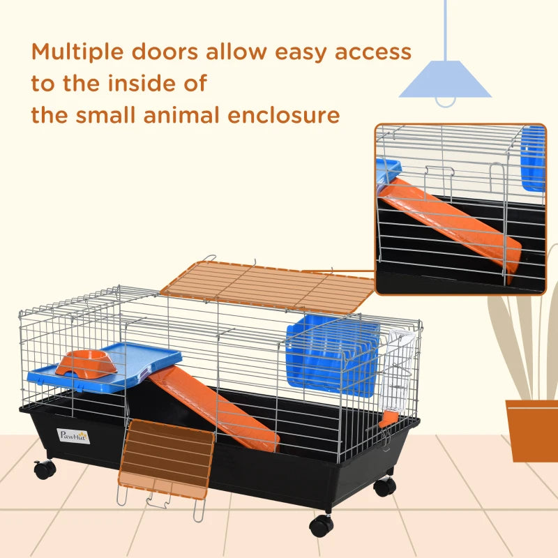 Small Animal Cage With Food Dish, Water Bottle, Hay Feeder, Platform, Ramp For Chinchilla, Black