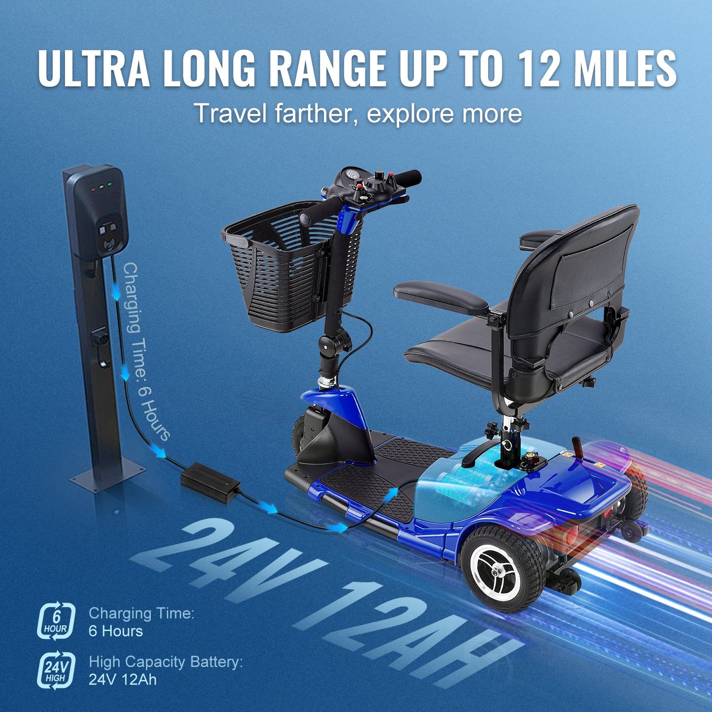 3-Wheel Folding Mobility Scooter For Seniors 12 Mile Range 265LBS Capacity