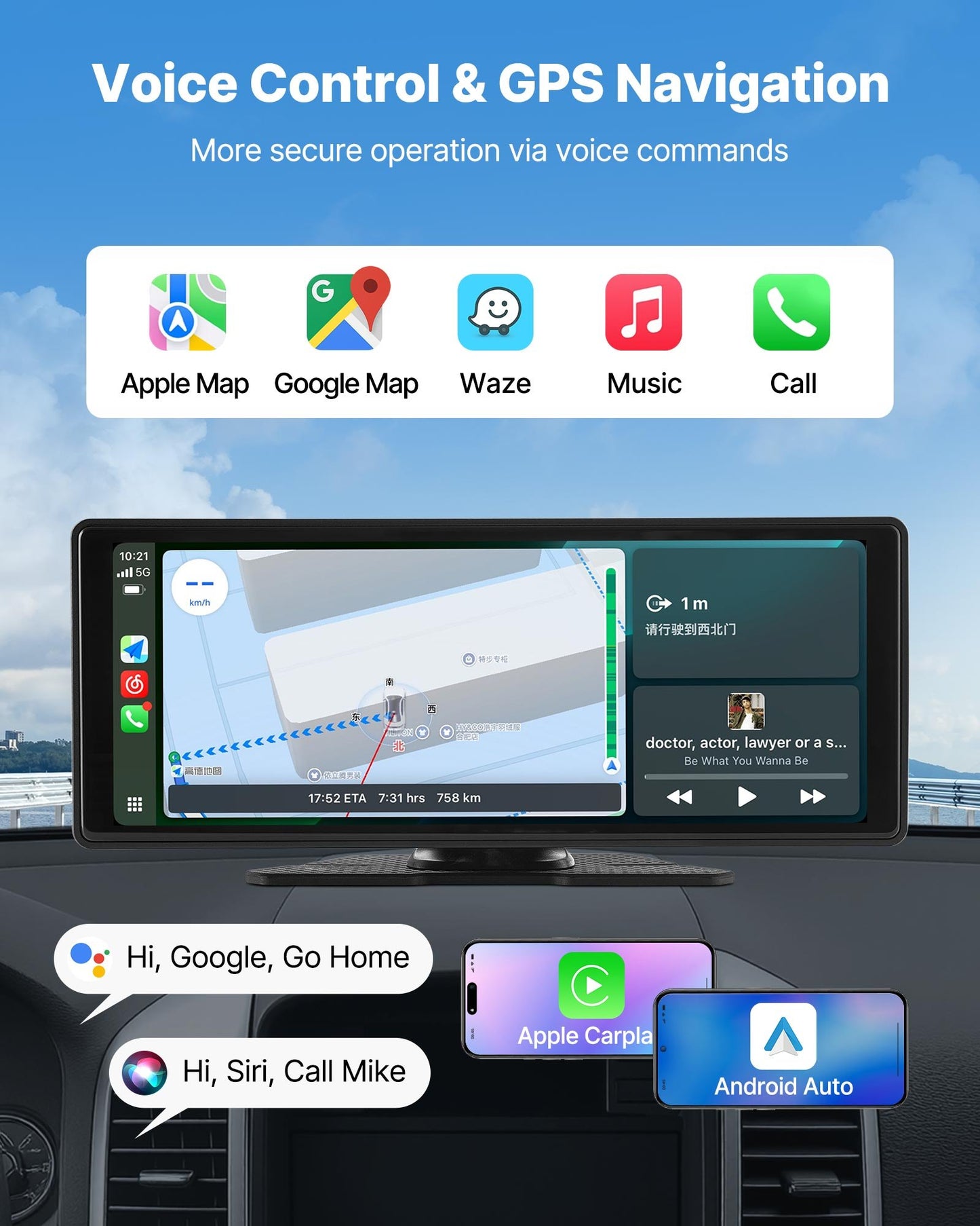 Wireless Car Stereo, 10-Inch HD Portable Radio Touch Screen With Apple CarPlay And Android Auto, CarPlay Screen With Front & Backup Cameras, Voice Control, Mirror Link, Bluetooth, GPS Navigation