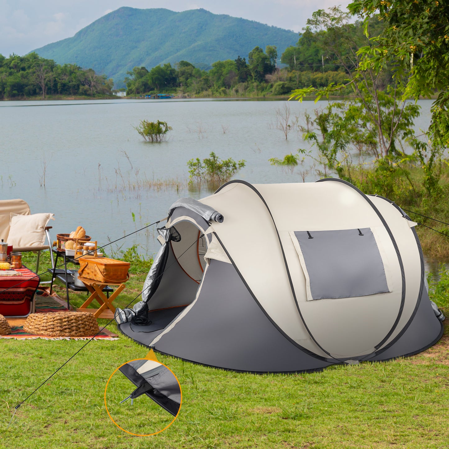 Khaki Boat Type Quick Opening Camping Tent Fiber Pole Polyester Cloth