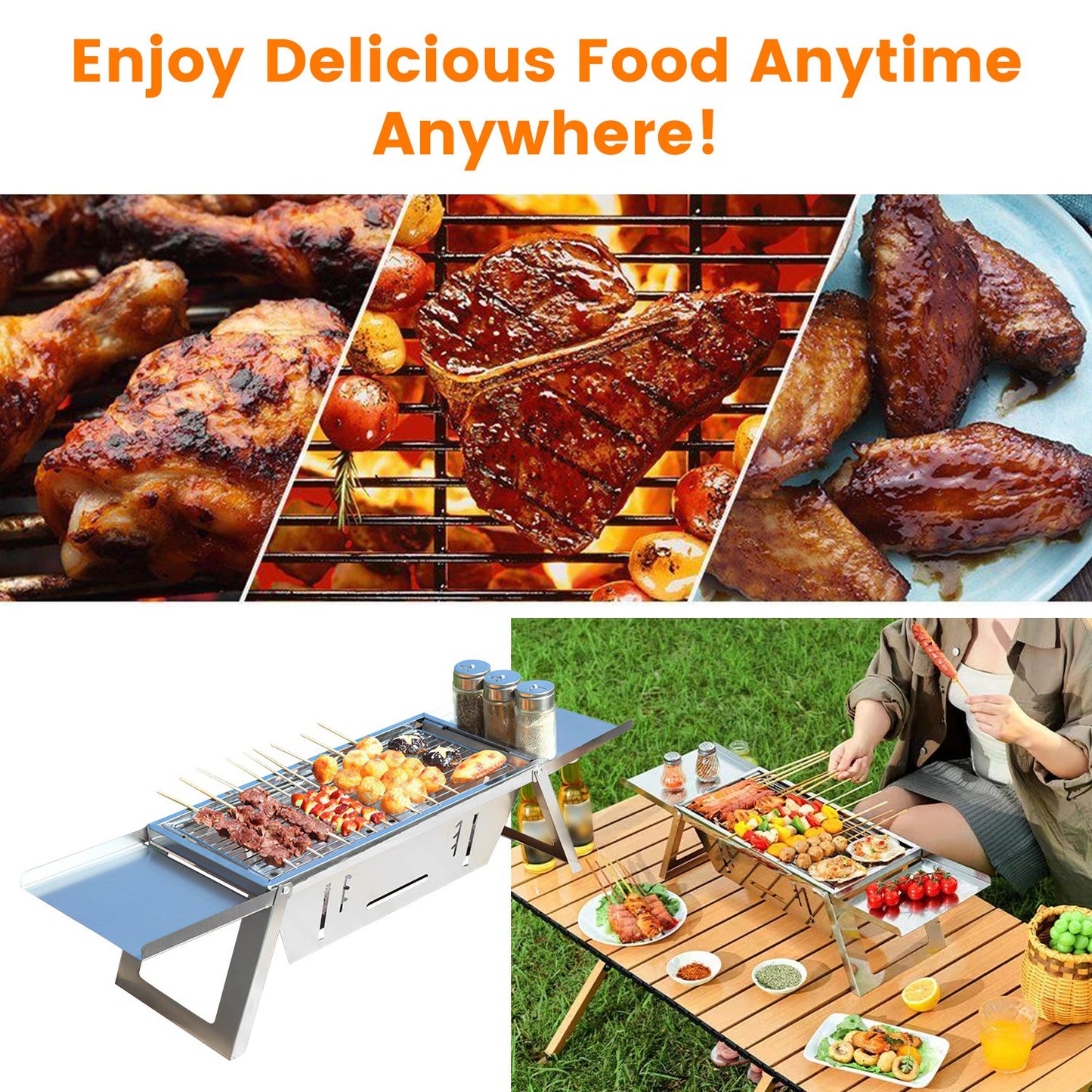 1 Set 3 In 1 Foldable Charcoal Grill Fire Pit Slow Cooker 2-3 People Portable Camping Grill Stainless Steel BBQ Grill For Camping Tailgating Yard