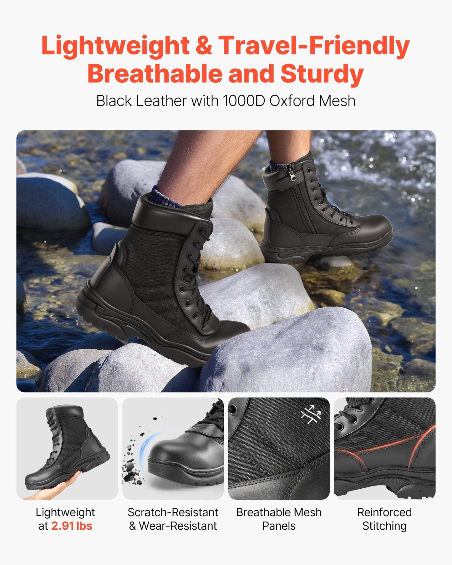 Men's Military Tactical Boots, 8 Inch Combat Hiking Work Boots, Lightweight & Breathable Side Zipper Mens Motorcycle Interceptor Trooper Boot, For Outdoor Security Mountaineering, US Size 10