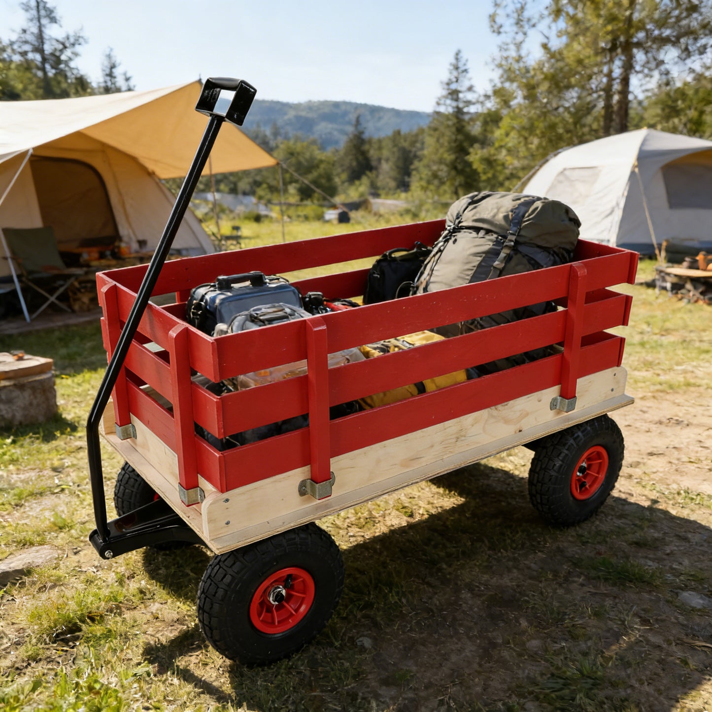 Children's And Garden Wooden Carriages, All-terrain Rubber Inflatable Wheelers, Outdoor Games, Courtyard Transportation, Picnic Supplies Red And Natural Colors