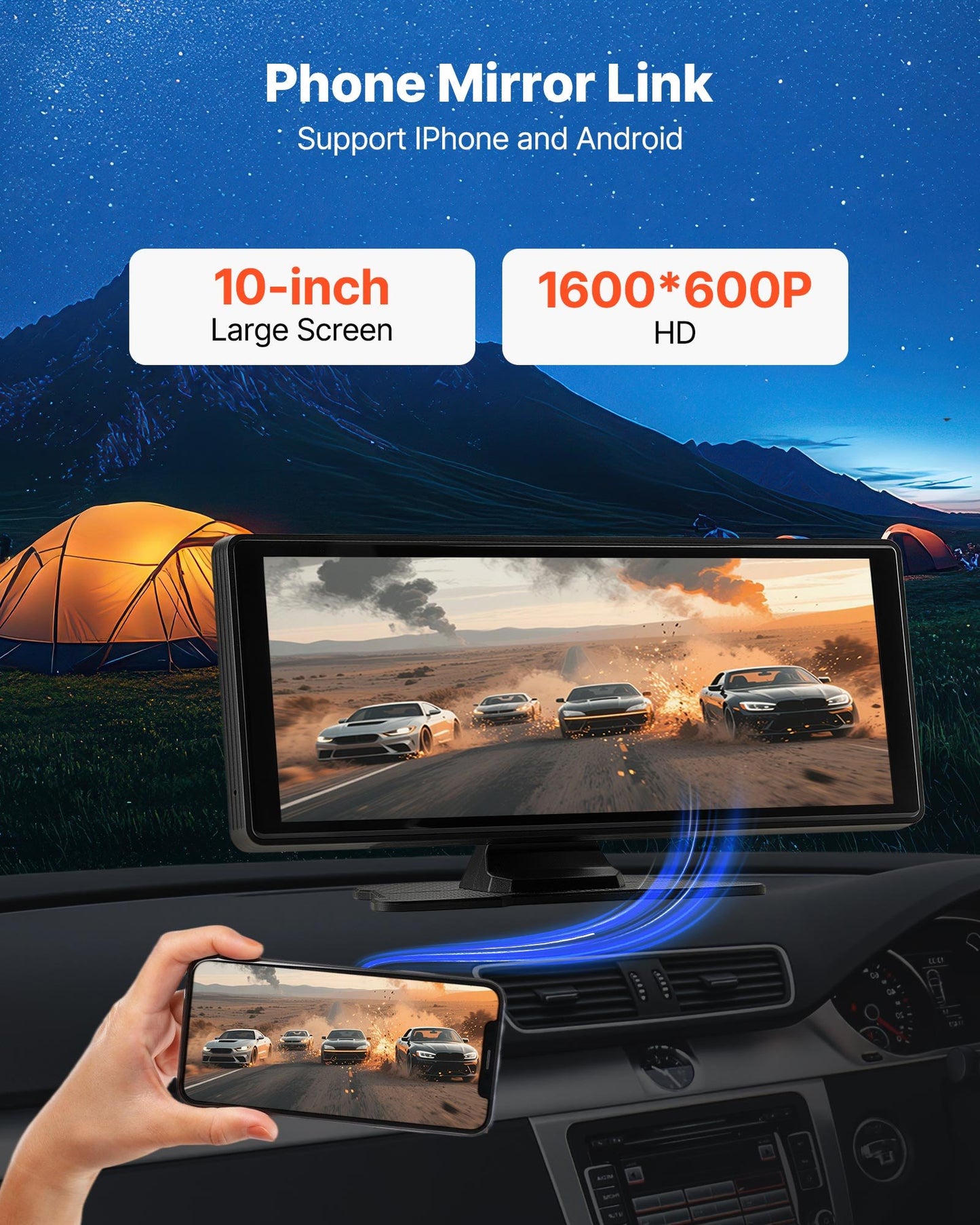 Wireless Car Stereo, 10-Inch HD Portable Radio Touch Screen Compatible With Apple CarPlay And Android Auto, CarPlay Screen For Car With Voice Control, Mirror Link, Bluetooth, GPS Navigation