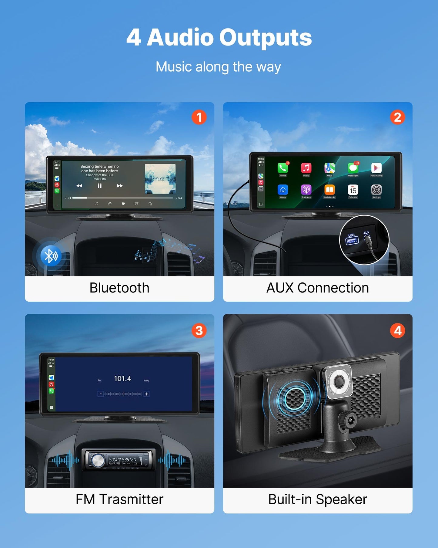 Wireless Car Stereo, 10-Inch HD Portable Radio Touch Screen With Apple CarPlay And Android Auto, CarPlay Screen With Front & Backup Cameras, Voice Control, Mirror Link, Bluetooth, GPS Navigation