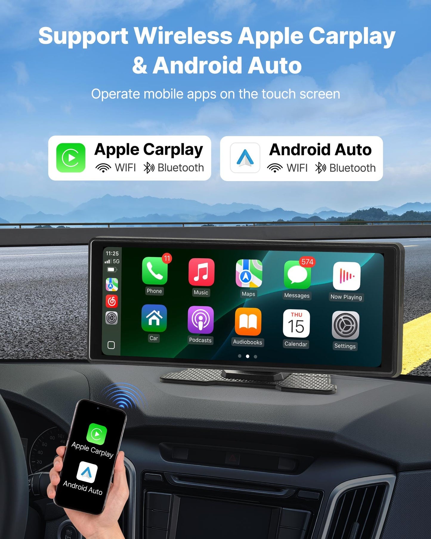 Wireless Car Stereo, 10-Inch HD Portable Radio Touch Screen Compatible With Apple CarPlay And Android Auto, CarPlay Screen For Car With Voice Control, Mirror Link, Bluetooth, GPS Navigation