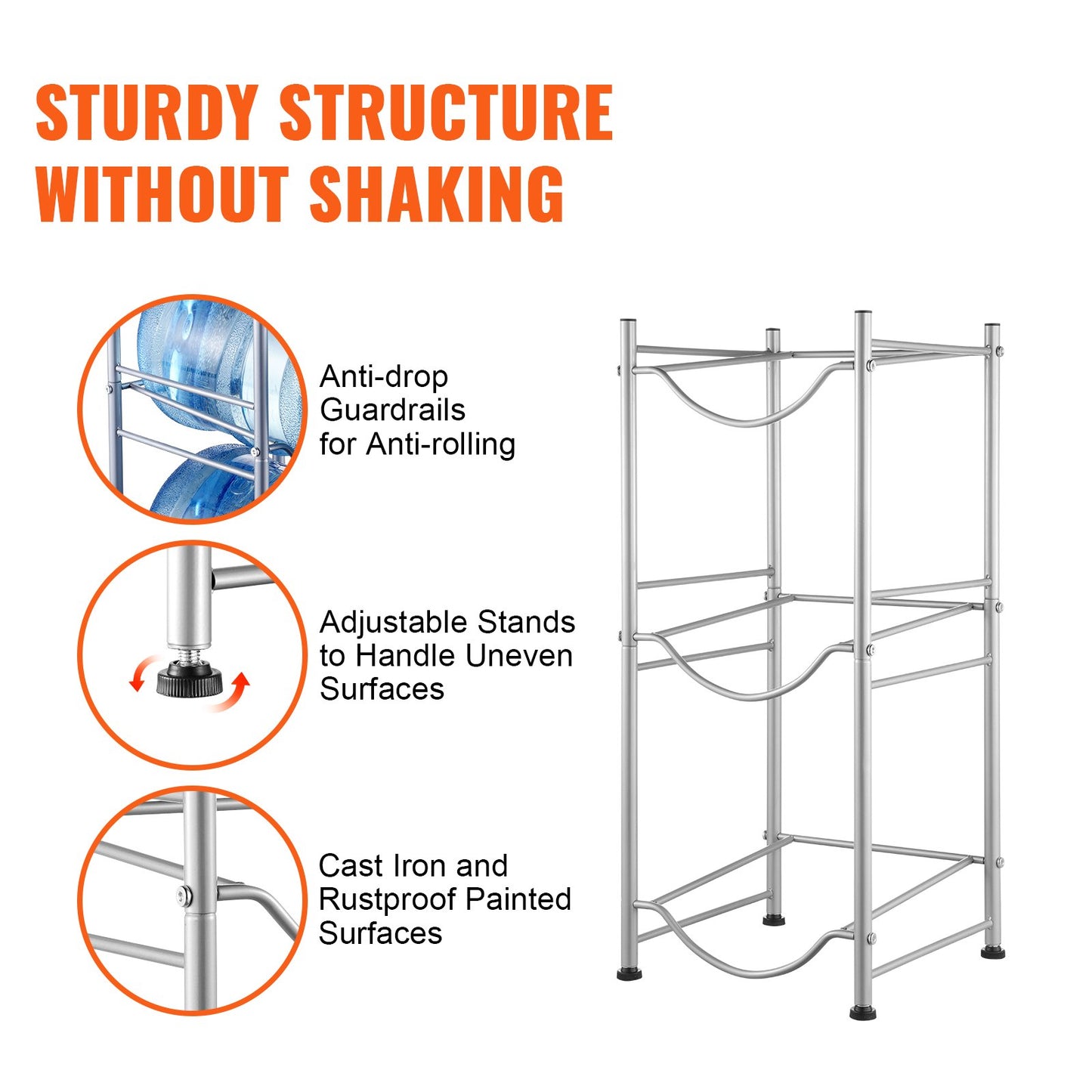3 Tiers Water Jug Holder, 5 Gallon Water Bottle Holder, Single Row Water Bottle Rack For 3 Bottles, Heavy Duty Water Jug Rack For Kitchen, Office, Living Room, Silver