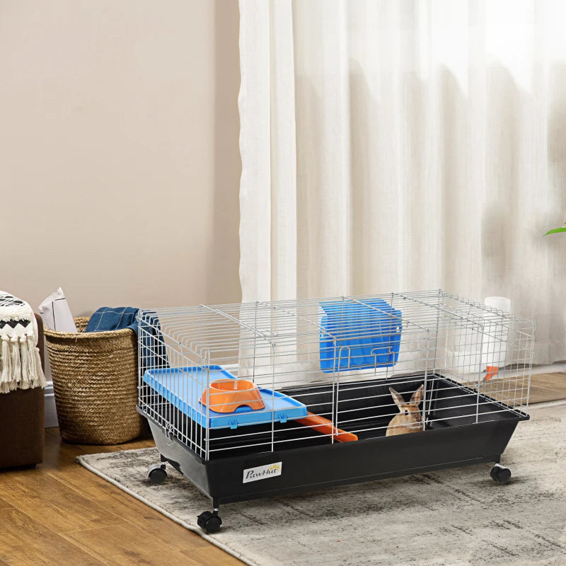 Small Animal Cage With Food Dish, Water Bottle, Hay Feeder, Platform, Ramp For Chinchilla, Black