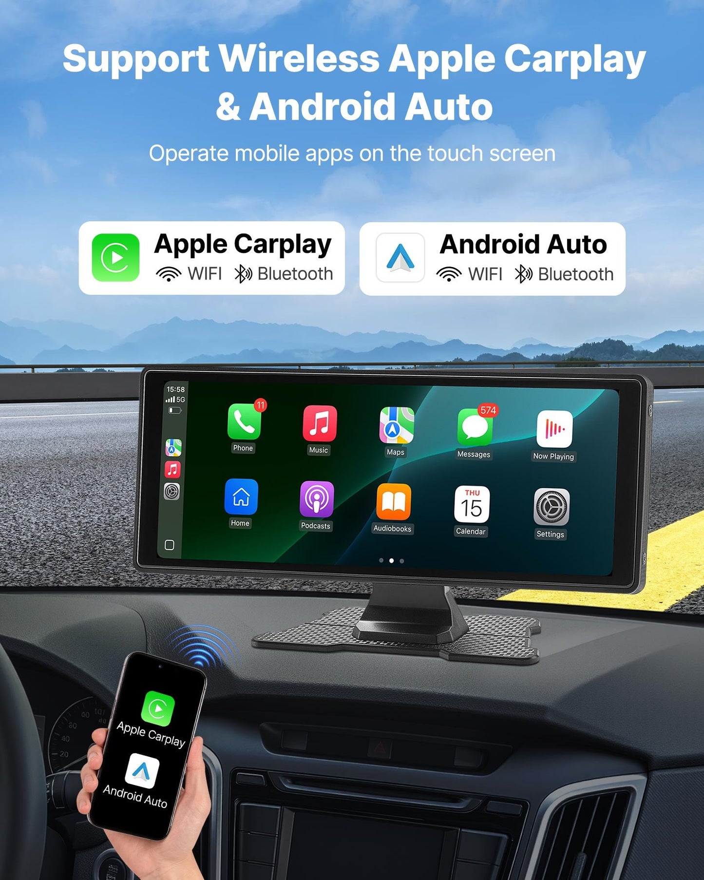 Wireless Car Stereo, 10-Inch HD Portable Radio Touch Screen With Apple CarPlay And Android Auto, CarPlay Screen With Front & Backup Cameras, Voice Control, Mirror Link, Bluetooth, GPS Navigation
