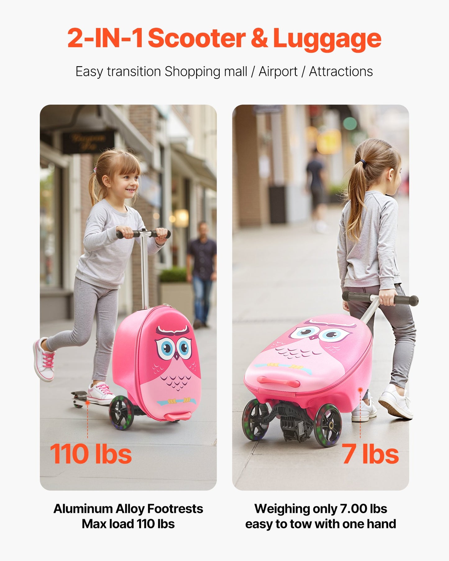 Ride-on Luggage 20-inch Kids Scooter Suitcase With Flash Wheels Pink