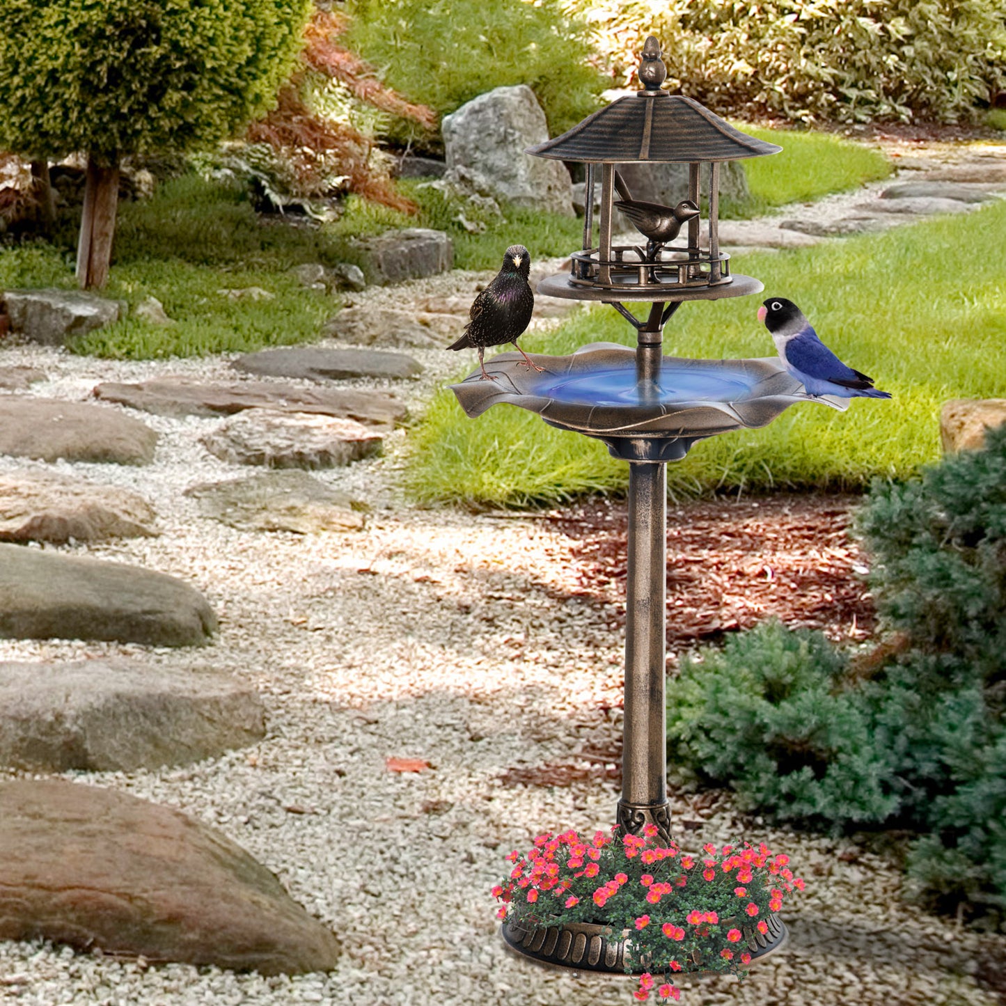 3-in-1 Garden Bird Bath Bowl Pedestal With Bird Feeder, Large Water Basin, Underneath Flower Planter, Bronze