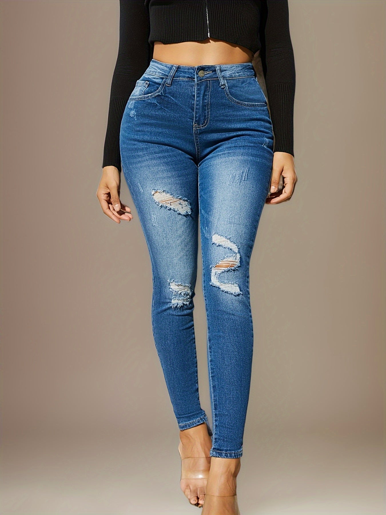 New Fashion Stylish Women's Skinny Fit Jeans - High-Waist, Frayed Hem, Distressed Washed Denim Pants With Stretch For Comfortable Street Style Fashion - Women Clothing
