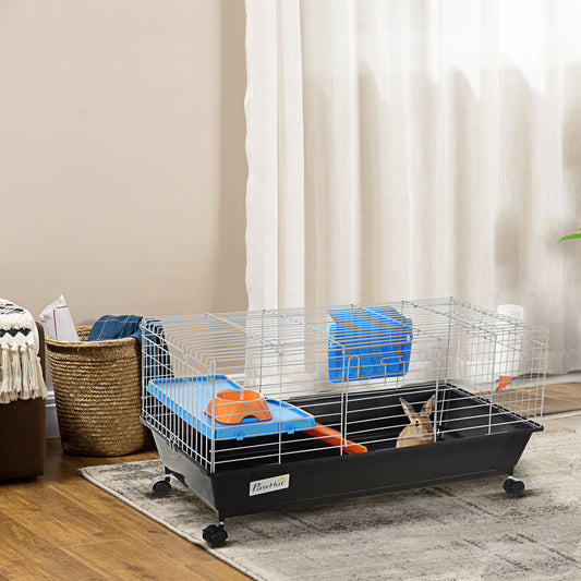 35"L Small Animal Cage With Food Dish, Water Bottle, Hay Feeder, Platform, Ramp For Chinchilla, Black