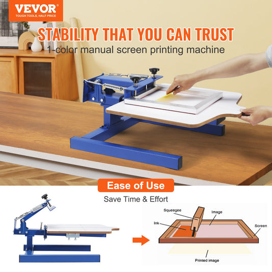 VEVOR Screen Printing Machine, 1 Color 1 Station Silk Screen Printing Press, 21.2x17.7in Screen Printing Press, Double-layer Positioning Pallet, Adjustable Tension For T-shirt DIY Printing