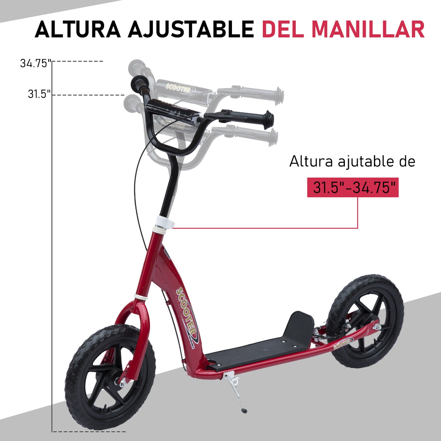 Kick Scooter for Kids 5-12 Years Old with Adjustable Height Handlebar, Non-slip Footplate, Big Wheels, Rear Brake, Red