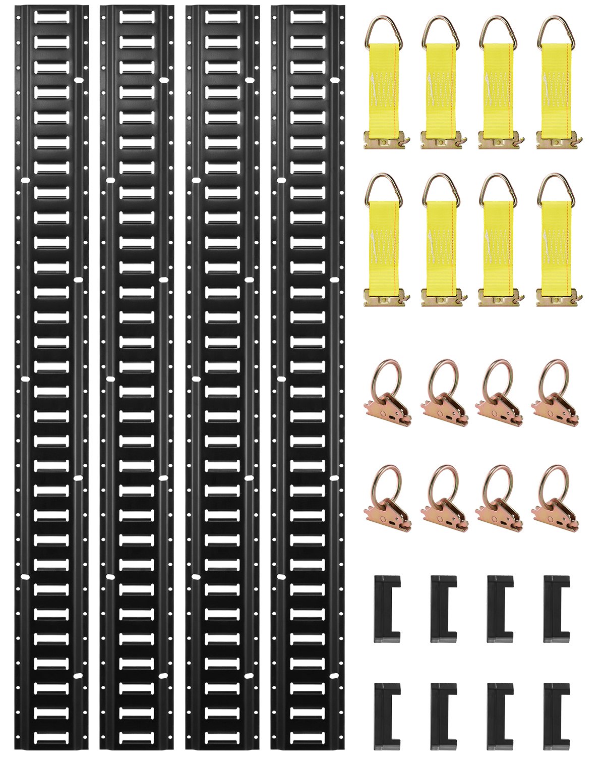 E Track Tie-Down Rail Kit, 30PCS 5FT E-Tracks Set Includes 4 Steel Rails & 2 Single Slot & 8 O Rings & 8 Tie-Offs W/D-Ring & 8 End Caps, Securing Accessories For Cargo, Motorcycles, And Bikes
