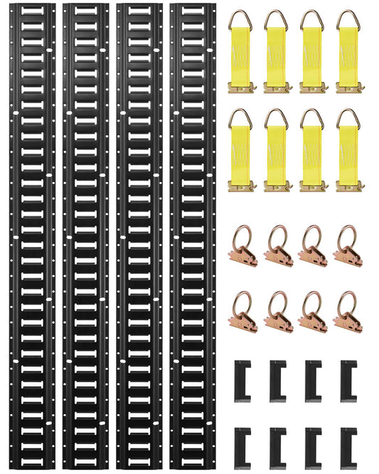 E Track Tie-Down Rail Kit, 30PCS 5FT E-Tracks Set Includes 4 Steel Rails & 2 Single Slot & 8 O Rings & 8 Tie-Offs W/D-Ring & 8 End Caps, Securing Accessories For Cargo, Motorcycles, And Bikes