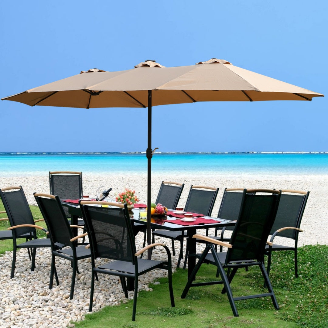 15x9ft Large Double-Sided Rectangular Outdoor Twin Patio Market Umbrella With Light And Base- Taupe