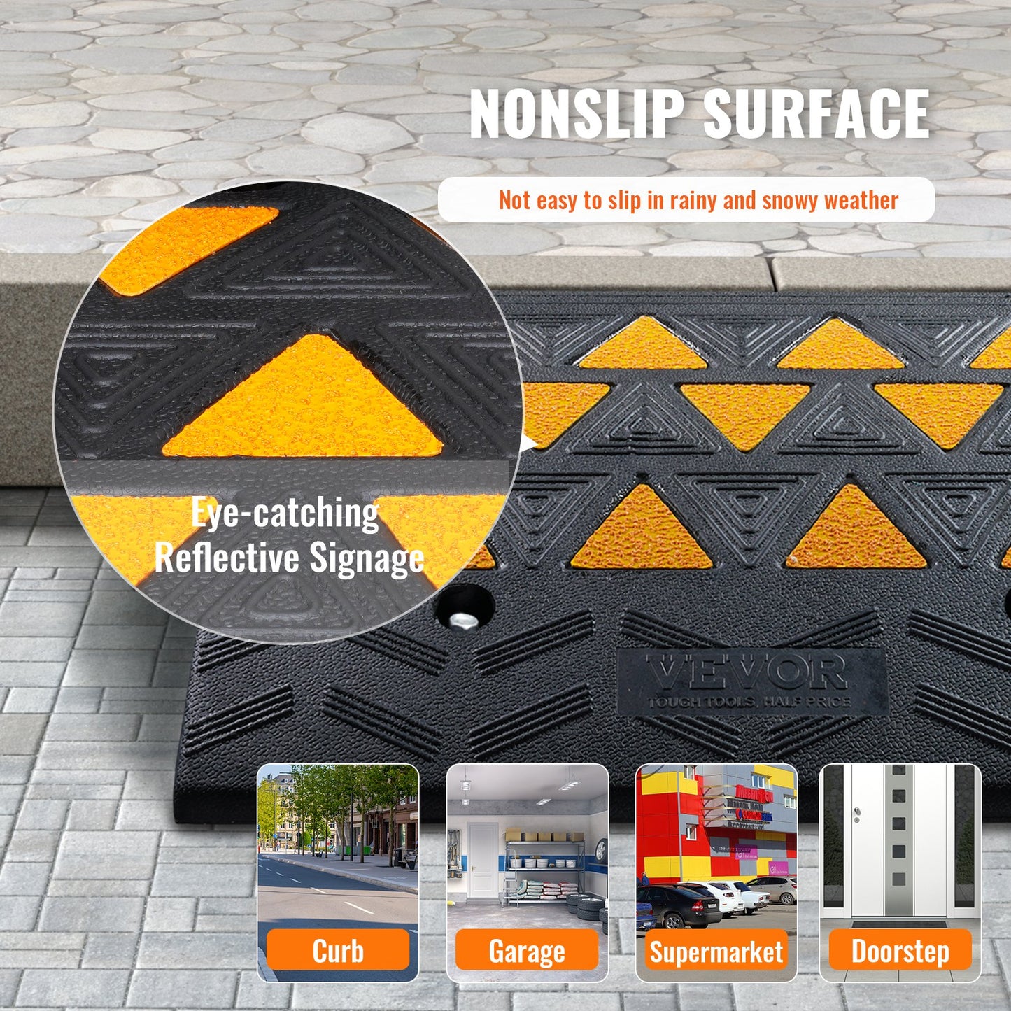 Rubber Curb Ramp 6' Rise Height Sidewalk Curb Ramp, 14.6' Width 19.3' Length Driveway Ramp For Curb, 15T Heavy Duty Rubber Ramp For Forklifts, Trucks, Buses, Cars, Wheelchairs, Bikes