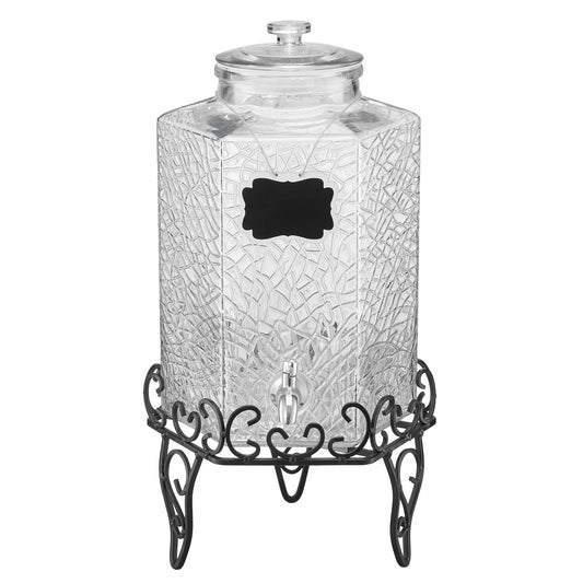 Beverage Dispenser, 2.5 Gallon Drink Dispensers For Parties, Glass Juice Dispenser With Metal Stand, Stainless Steel Spigot, Iced Tea Lemonade Juice Water Dispensers For Parties