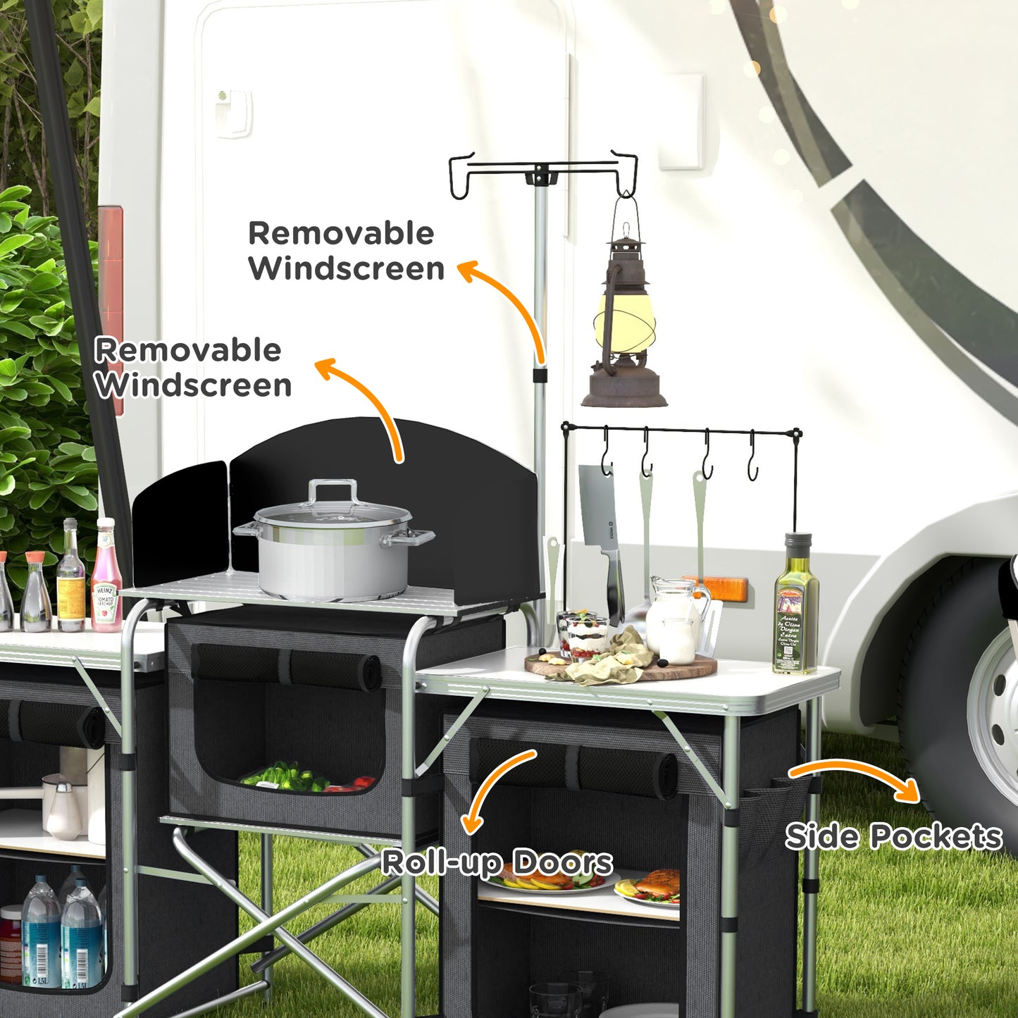 Aluminum Camping Kitchen, Portable Folding Camping Table with Fabric Cupboards, Windshield, Bag for BBQ, Picnic, Black