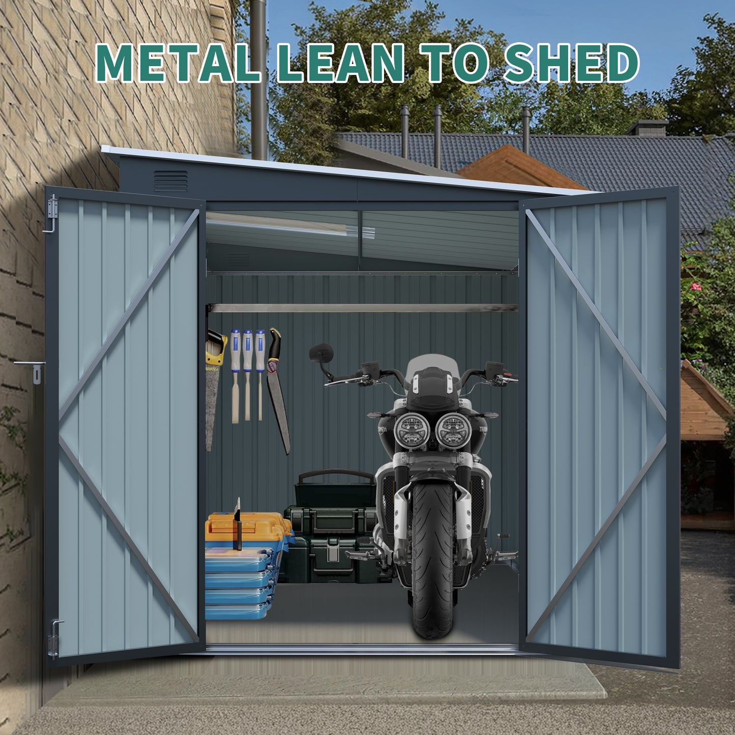 6x8FT Galvanized Steel Outdoor Storage Shed With Lockable Double Doors, Metal Lean To Shed With Free PC Light Board For Tools, Bikes & Patio  Without Floors