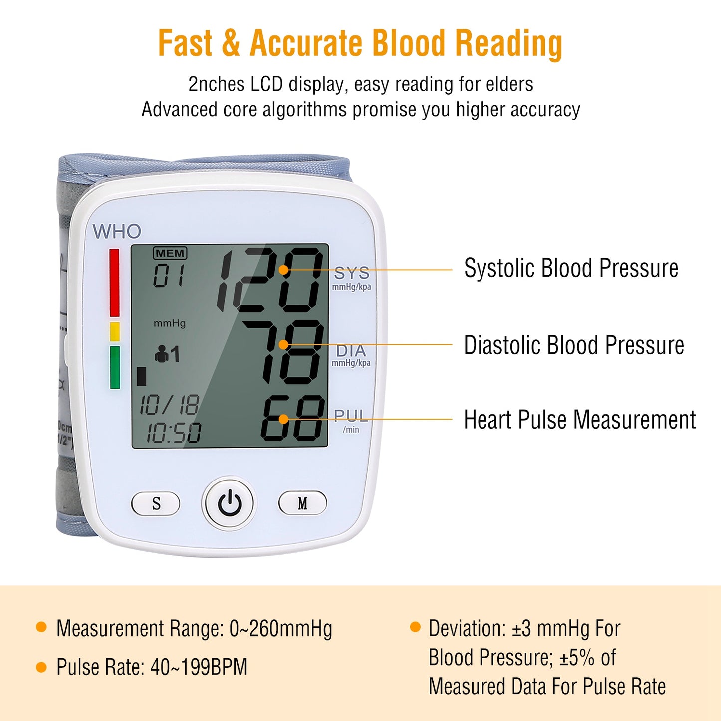 1Pc Blood Pressure Monitor Wrist Digital High Blood Pressure Cuff Heartbeat Tester With 90x2 Reading Memory 2In LCD Screen Storage Box