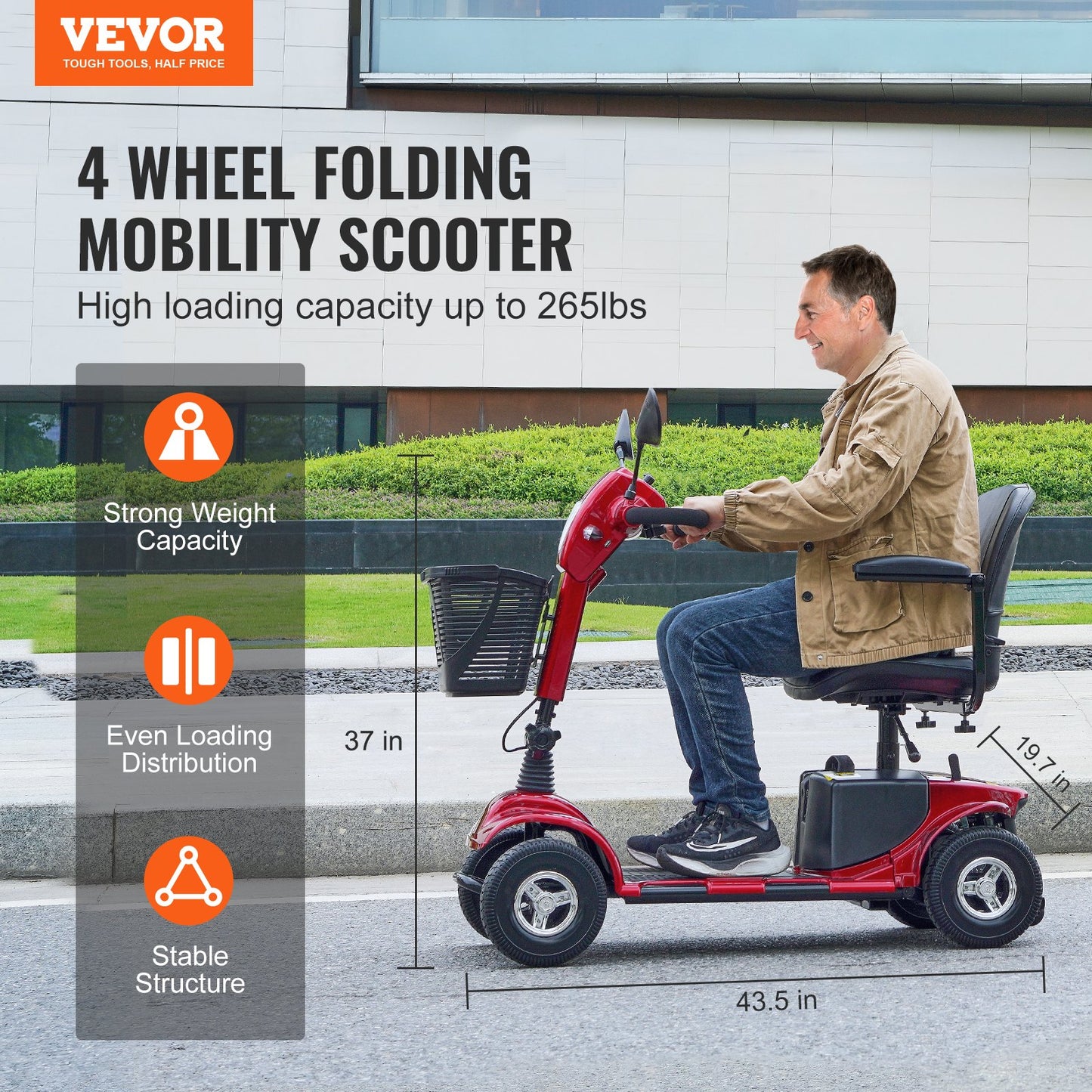 Heavy-Duty 4 Wheel Mobility Scooter For Seniors 12 Mile Long Range 265LBS