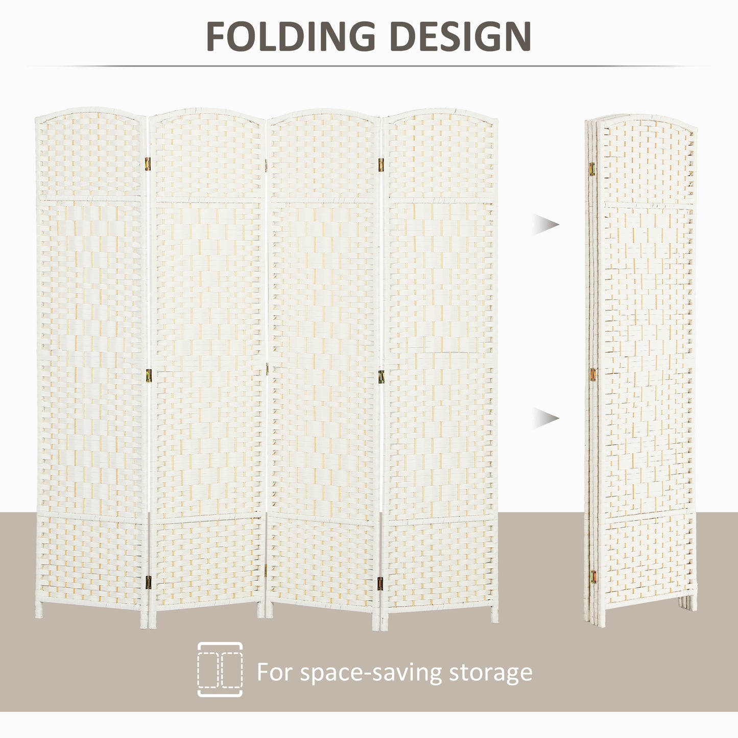 Folding Room Divider Screen 4 Panel 6' Tall Privacy Screen Freestanding Wood Partition for Home Office, White