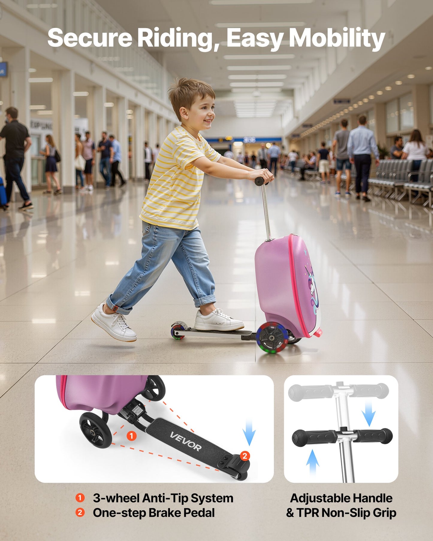 Ride-on Luggage 20-inch Kids Scooter Suitcase With FlashWheels Purple