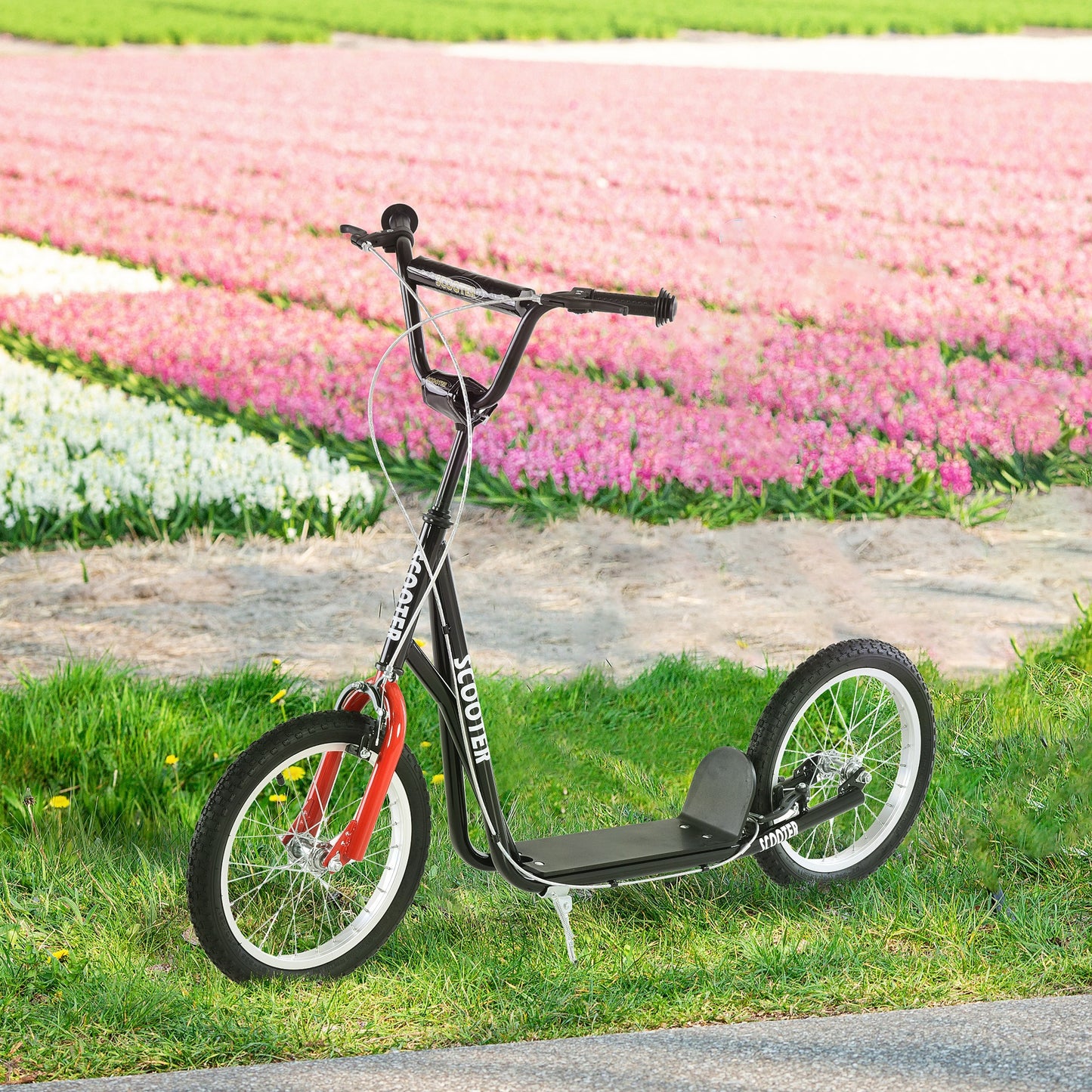 Youth Scooter Kick Scooter for Kids 5+, Max Load 220 LBS., with Adjustable Handlebar, 16" Inflatable Wheels, Dual Brakes, Black