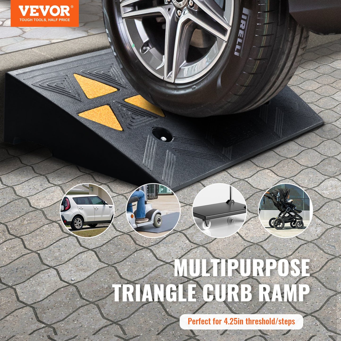 Rubber Curb Ramp 4.25' Rise Height Sidewalk Curb Ramp, 11.8' Width 19.7' Length Driveway Ramp For Curb, 15T Heavy Duty Rubber Ramp For Forklifts, Trucks, Buses, Cars, Wheelchairs, Bikes