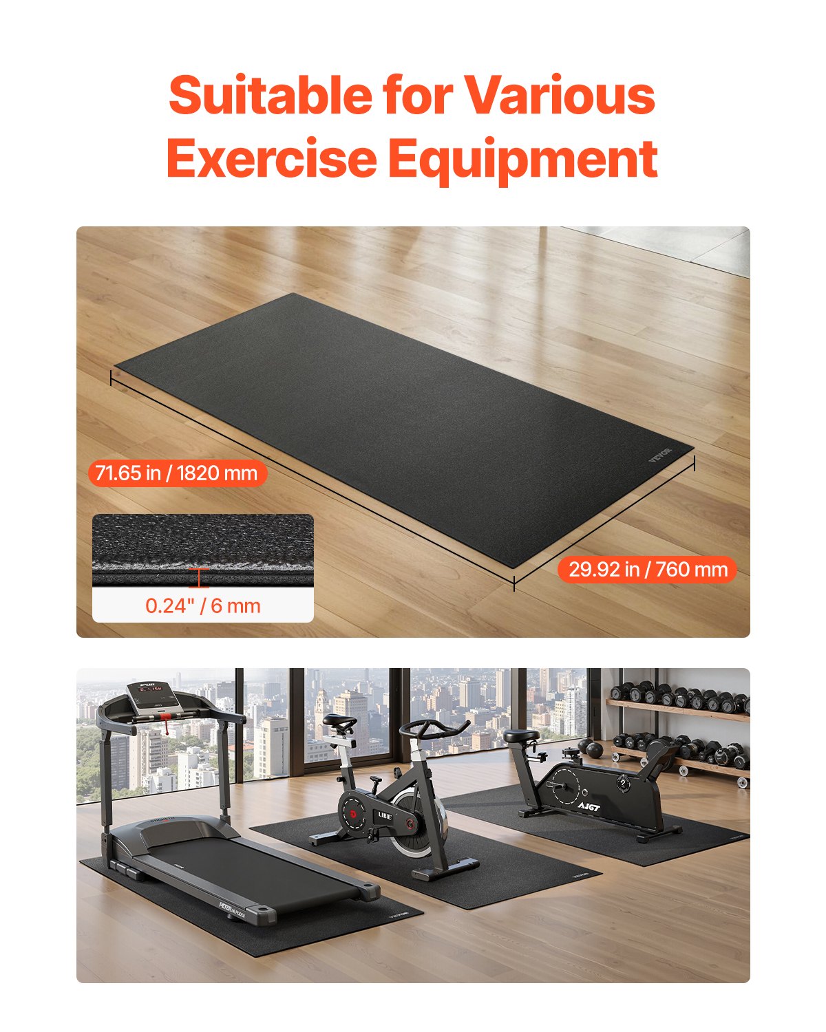 Treadmill Mat For Carpet Floor, 1/4" Thick, 30" X 72" Exercise Equipment Mat For Treadmills, Stationary & Recumbent Bikes, High Density PVC Floor Protector, Waterproof And Non-slip For Home Gym